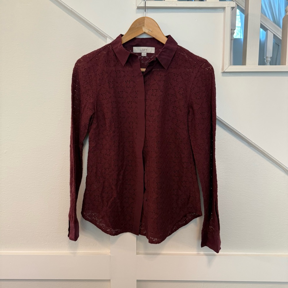 LOFT Maroon Red Lace Button Up Shirt size XS